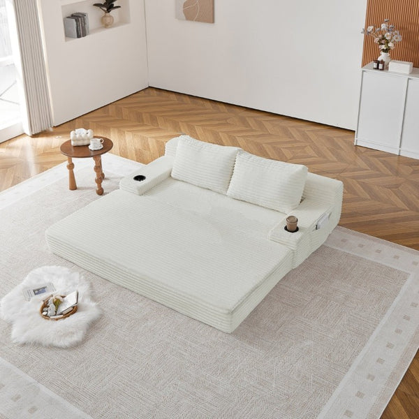 English Elm 70.8-Inch Corduroy Sleeper Sofa with Cup Holders Storage Pockets and Two Throw Pillows Beige W834P527474