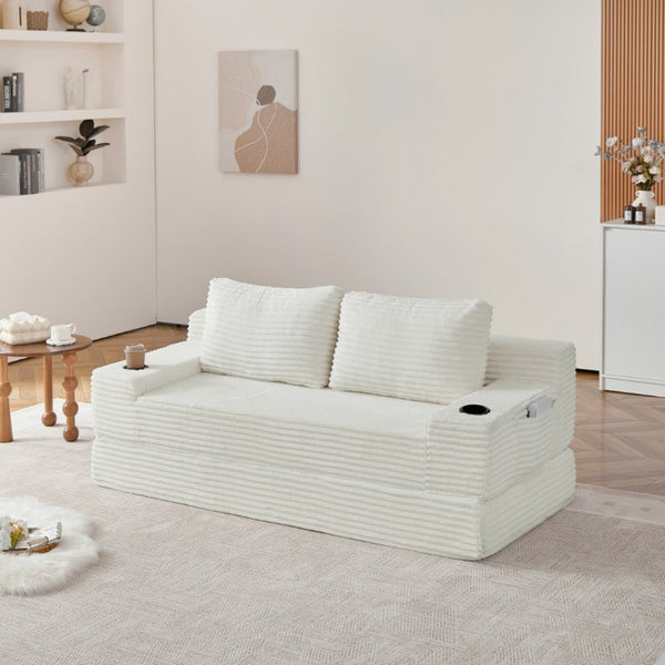 English Elm 70.8-Inch Corduroy Sleeper Sofa with Cup Holders Storage Pockets and Two Throw Pillows Beige W834P527474