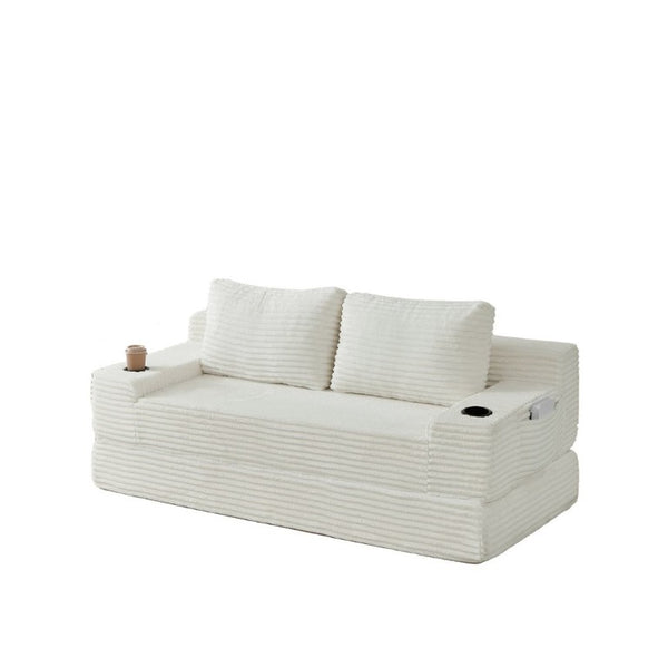 English Elm 70.8-Inch Corduroy Sleeper Sofa with Cup Holders Storage Pockets and Two Throw Pillows Beige W834P527474