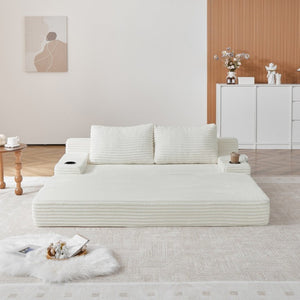 English Elm 70.8-Inch Corduroy Sleeper Sofa with Cup Holders Storage Pockets and Two Throw Pillows Beige W834P527474
