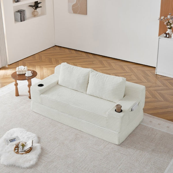 English Elm 70.8-Inch Corduroy Sleeper Sofa with Cup Holders Storage Pockets and Two Throw Pillows Beige W834P527474