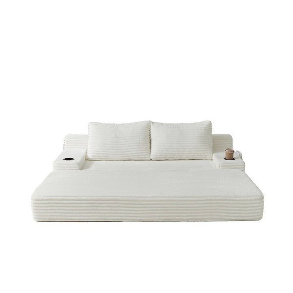 English Elm 70.8-Inch Corduroy Sleeper Sofa with Cup Holders Storage Pockets and Two Throw Pillows Beige W834P527474