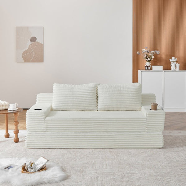 English Elm 70.8-Inch Corduroy Sleeper Sofa with Cup Holders Storage Pockets and Two Throw Pillows Beige W834P527474
