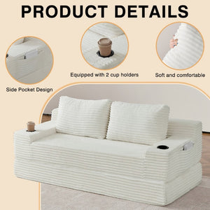 English Elm 70.8-Inch Corduroy Sleeper Sofa with Cup Holders Storage Pockets and Two Throw Pillows Beige W834P527474