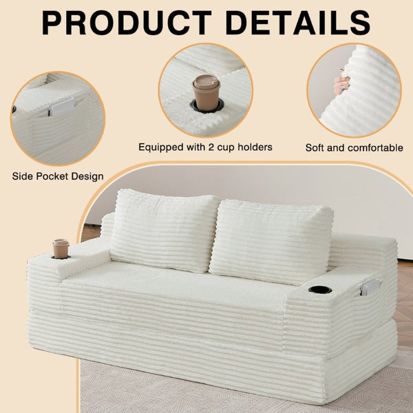 English Elm 70.8-Inch Corduroy Sleeper Sofa with Cup Holders Storage Pockets and Two Throw Pillows Beige W834P527474