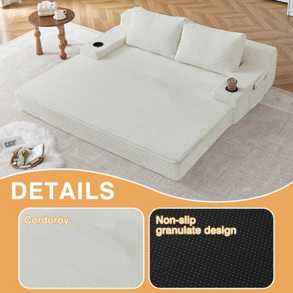 English Elm 70.8-Inch Corduroy Sleeper Sofa with Cup Holders Storage Pockets and Two Throw Pillows Beige W834P527474