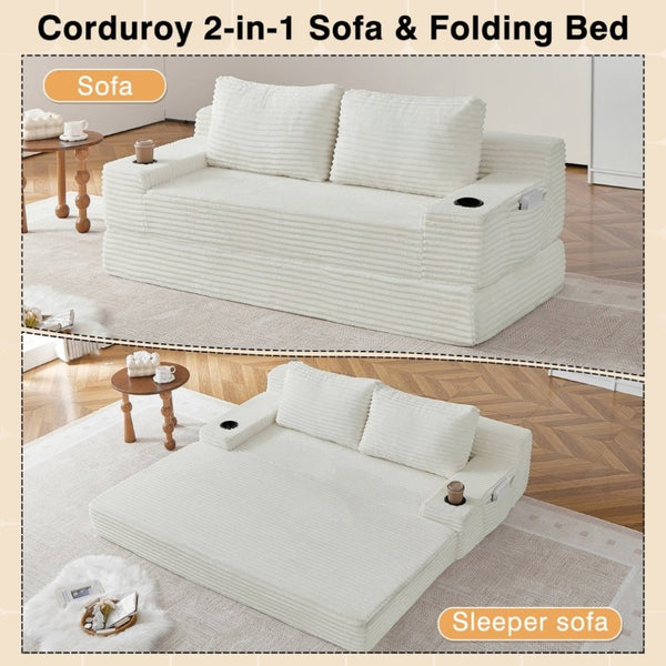 English Elm 70.8-Inch Corduroy Sleeper Sofa with Cup Holders Storage Pockets and Two Throw Pillows Beige W834P527474