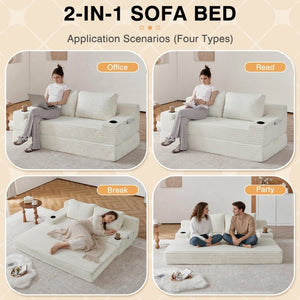 English Elm 70.8-Inch Corduroy Sleeper Sofa with Cup Holders Storage Pockets and Two Throw Pillows Beige W834P527474