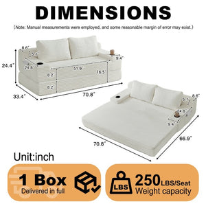 English Elm 70.8-Inch Corduroy Sleeper Sofa with Cup Holders Storage Pockets and Two Throw Pillows Beige W834P527474
