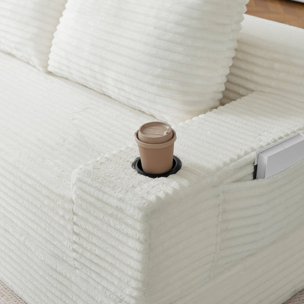 English Elm 70.8-Inch Corduroy Sleeper Sofa with Cup Holders Storage Pockets and Two Throw Pillows Beige W834P527474