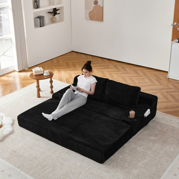 English Elm 70.8-Inch Corduroy Sleeper Sofa with Cup Holders Storage Pockets and Two Throw Pillows Black W834P527475