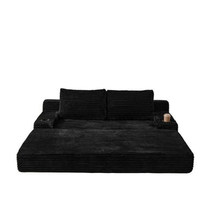 English Elm 70.8-Inch Corduroy Sleeper Sofa with Cup Holders Storage Pockets and Two Throw Pillows Black W834P527475