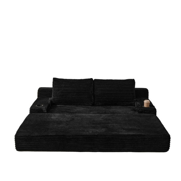 English Elm 70.8-Inch Corduroy Sleeper Sofa with Cup Holders Storage Pockets and Two Throw Pillows Black W834P527475
