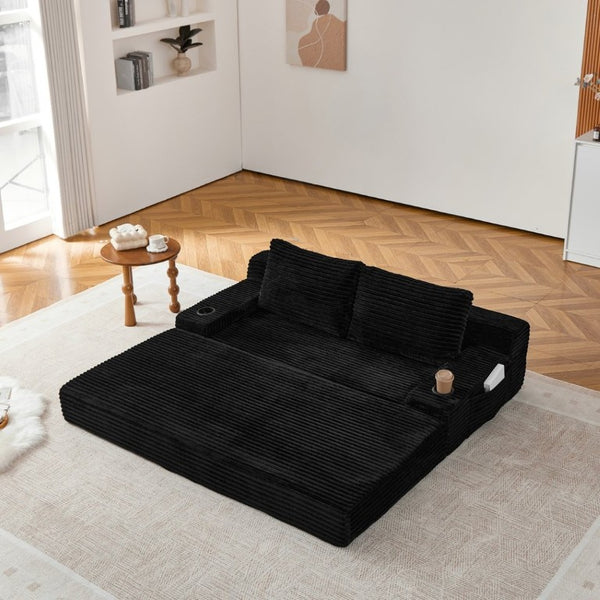 English Elm 70.8-Inch Corduroy Sleeper Sofa with Cup Holders Storage Pockets and Two Throw Pillows Black W834P527475
