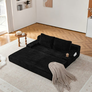English Elm 70.8-Inch Corduroy Sleeper Sofa with Cup Holders Storage Pockets and Two Throw Pillows Black W834P527475