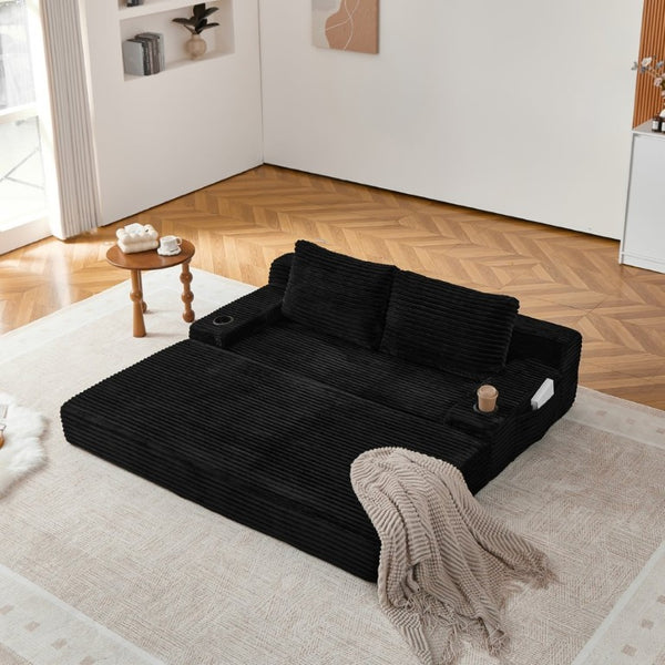 English Elm 70.8-Inch Corduroy Sleeper Sofa with Cup Holders Storage Pockets and Two Throw Pillows Black W834P527475