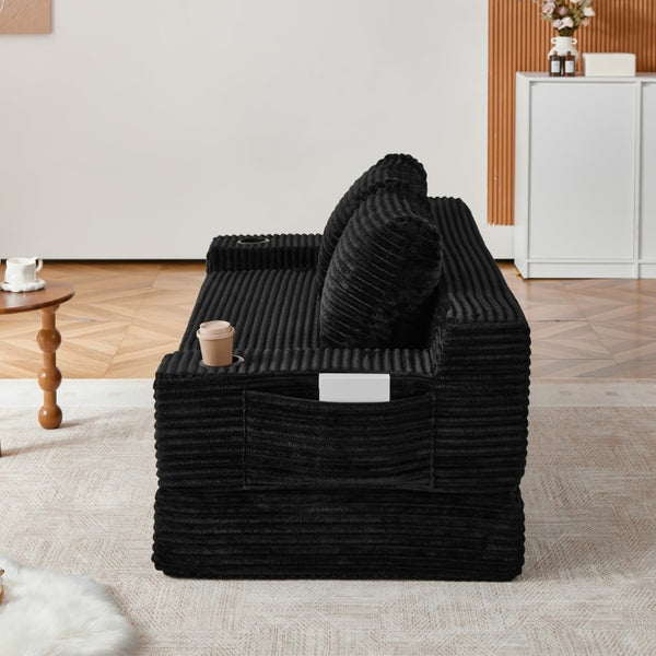 English Elm 70.8-Inch Corduroy Sleeper Sofa with Cup Holders Storage Pockets and Two Throw Pillows Black W834P527475