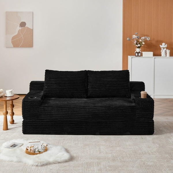 English Elm 70.8-Inch Corduroy Sleeper Sofa with Cup Holders Storage Pockets and Two Throw Pillows Black W834P527475