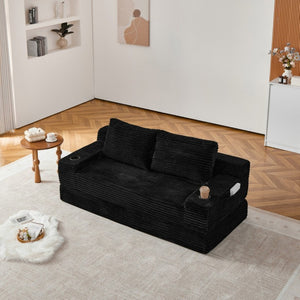 English Elm 70.8-Inch Corduroy Sleeper Sofa with Cup Holders Storage Pockets and Two Throw Pillows Black W834P527475