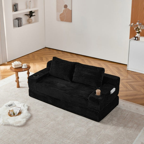 English Elm 70.8-Inch Corduroy Sleeper Sofa with Cup Holders Storage Pockets and Two Throw Pillows Black W834P527475
