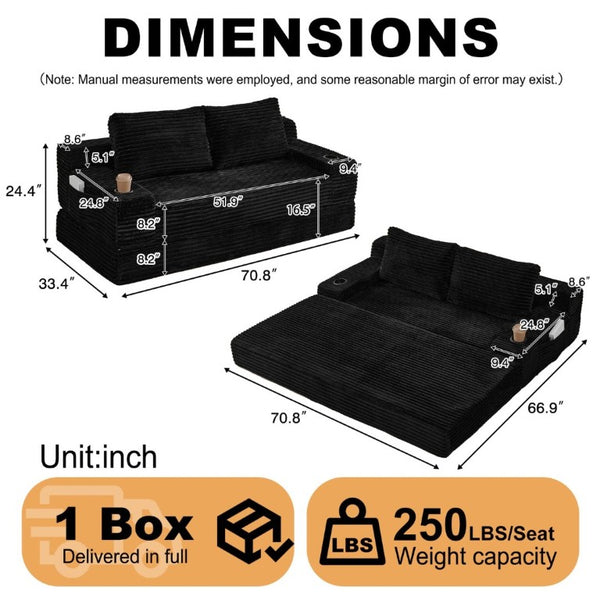 English Elm 70.8-Inch Corduroy Sleeper Sofa with Cup Holders Storage Pockets and Two Throw Pillows Black W834P527475