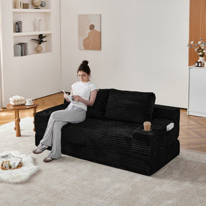 English Elm 70.8-Inch Corduroy Sleeper Sofa with Cup Holders Storage Pockets and Two Throw Pillows Black W834P527475
