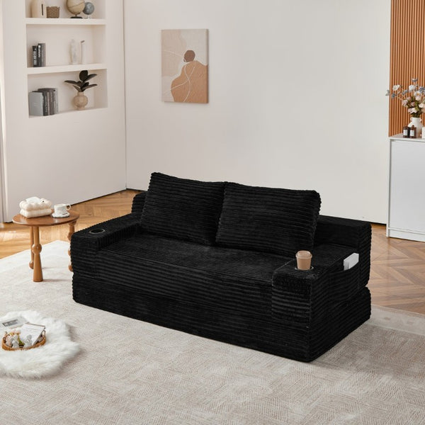 English Elm 70.8-Inch Corduroy Sleeper Sofa with Cup Holders Storage Pockets and Two Throw Pillows Black W834P527475