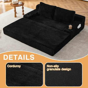 English Elm 70.8-Inch Corduroy Sleeper Sofa with Cup Holders Storage Pockets and Two Throw Pillows Black W834P527475