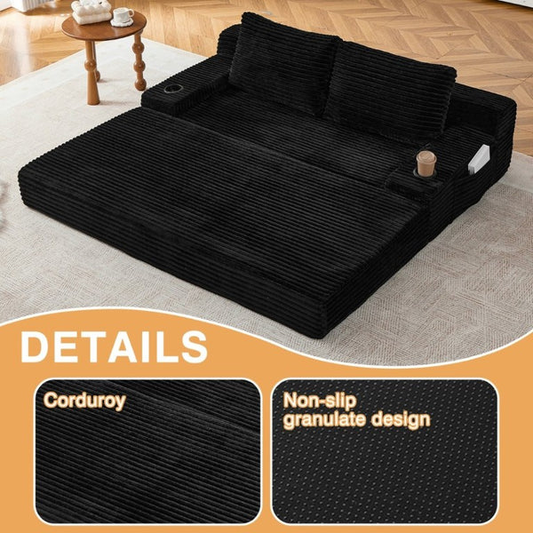 English Elm 70.8-Inch Corduroy Sleeper Sofa with Cup Holders Storage Pockets and Two Throw Pillows Black W834P527475