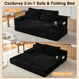 English Elm 70.8-Inch Corduroy Sleeper Sofa with Cup Holders Storage Pockets and Two Throw Pillows Black W834P527475