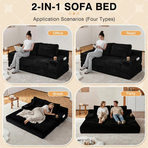 English Elm 70.8-Inch Corduroy Sleeper Sofa with Cup Holders Storage Pockets and Two Throw Pillows Black W834P527475