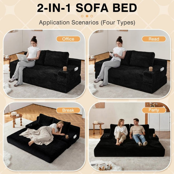 English Elm 70.8-Inch Corduroy Sleeper Sofa with Cup Holders Storage Pockets and Two Throw Pillows Black W834P527475