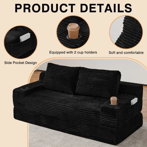 English Elm 70.8-Inch Corduroy Sleeper Sofa with Cup Holders Storage Pockets and Two Throw Pillows Black W834P527475