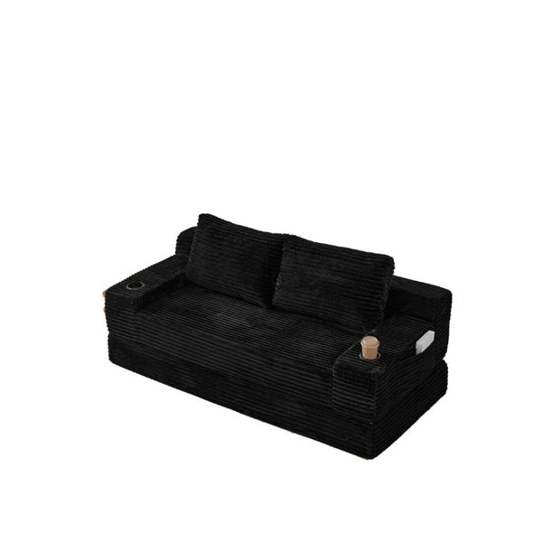 English Elm 70.8-Inch Corduroy Sleeper Sofa with Cup Holders Storage Pockets and Two Throw Pillows Black W834P527475