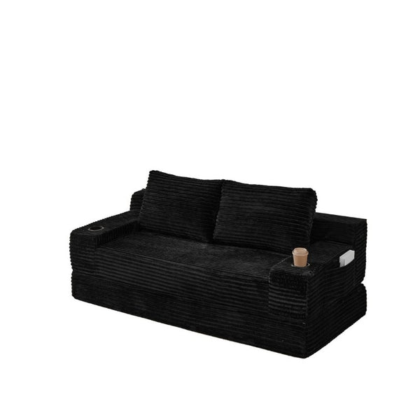 English Elm 70.8-Inch Corduroy Sleeper Sofa with Cup Holders Storage Pockets and Two Throw Pillows Black W834P527475