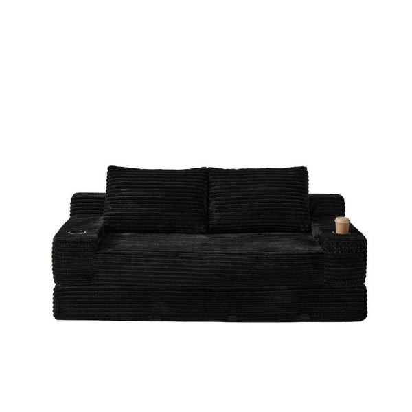 English Elm 70.8-Inch Corduroy Sleeper Sofa with Cup Holders Storage Pockets and Two Throw Pillows Black W834P527475