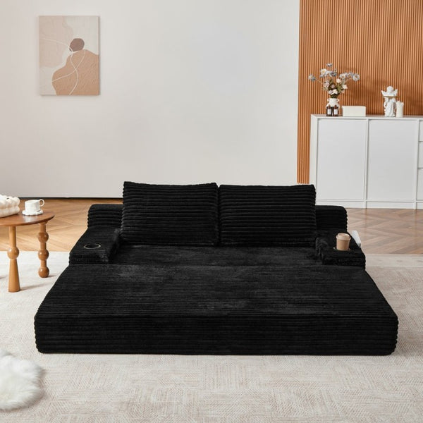 English Elm 70.8-Inch Corduroy Sleeper Sofa with Cup Holders Storage Pockets and Two Throw Pillows Black W834P527475