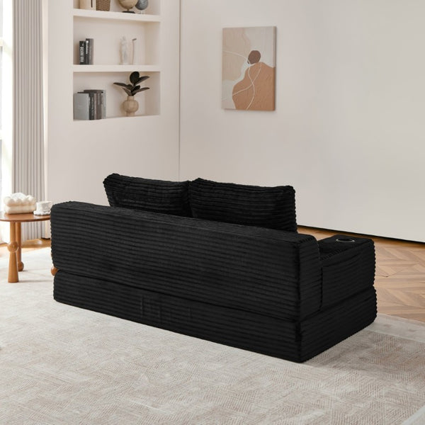 English Elm 70.8-Inch Corduroy Sleeper Sofa with Cup Holders Storage Pockets and Two Throw Pillows Black W834P527475