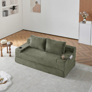 English Elm 70.8-Inch Corduroy Sleeper Sofa with Cup Holders Storage Pockets and Two Throw Pillows Green W834P527476