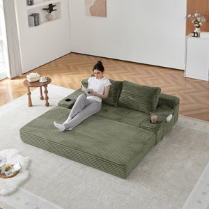 English Elm 70.8-Inch Corduroy Sleeper Sofa with Cup Holders Storage Pockets and Two Throw Pillows Green W834P527476