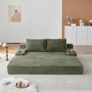 English Elm 70.8-Inch Corduroy Sleeper Sofa with Cup Holders Storage Pockets and Two Throw Pillows Green W834P527476
