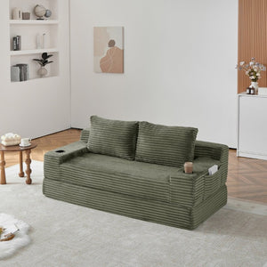 English Elm 70.8-Inch Corduroy Sleeper Sofa with Cup Holders Storage Pockets and Two Throw Pillows Green W834P527476