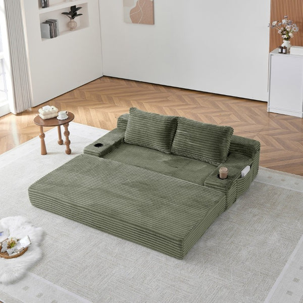 English Elm 70.8-Inch Corduroy Sleeper Sofa with Cup Holders Storage Pockets and Two Throw Pillows Green W834P527476