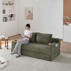 English Elm 70.8-Inch Corduroy Sleeper Sofa with Cup Holders Storage Pockets and Two Throw Pillows Green W834P527476