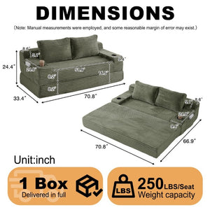 English Elm 70.8-Inch Corduroy Sleeper Sofa with Cup Holders Storage Pockets and Two Throw Pillows Green W834P527476