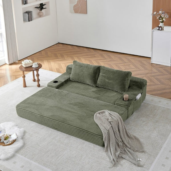 English Elm 70.8-Inch Corduroy Sleeper Sofa with Cup Holders Storage Pockets and Two Throw Pillows Green W834P527476