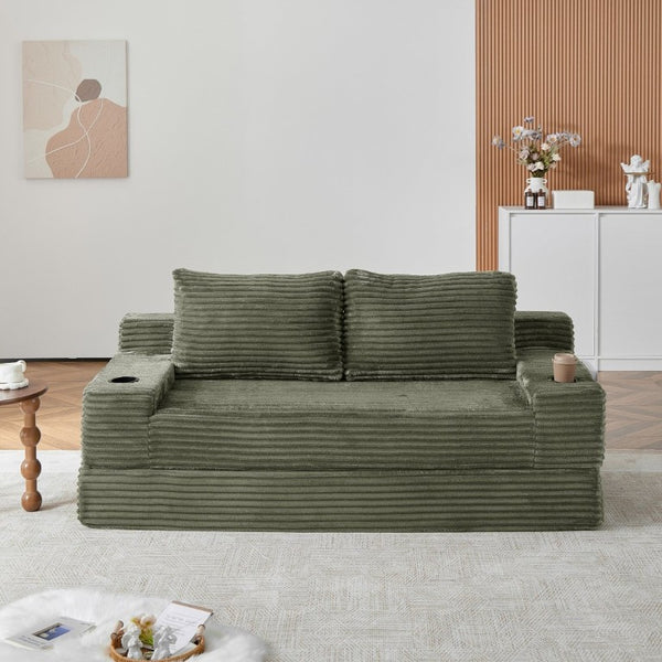 English Elm 70.8-Inch Corduroy Sleeper Sofa with Cup Holders Storage Pockets and Two Throw Pillows Green W834P527476