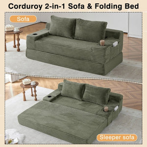 English Elm 70.8-Inch Corduroy Sleeper Sofa with Cup Holders Storage Pockets and Two Throw Pillows Green W834P527476