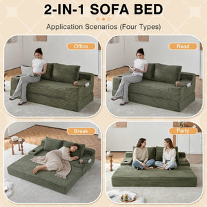 English Elm 70.8-Inch Corduroy Sleeper Sofa with Cup Holders Storage Pockets and Two Throw Pillows Green W834P527476