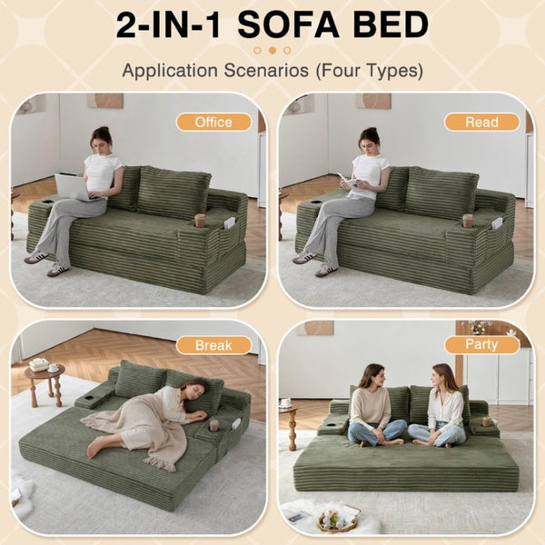 English Elm 70.8-Inch Corduroy Sleeper Sofa with Cup Holders Storage Pockets and Two Throw Pillows Green W834P527476